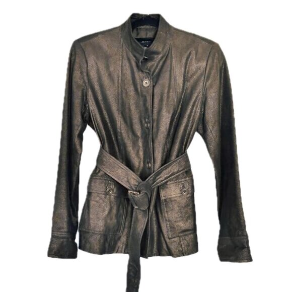 😊Alfani Leather Coat Brown Bronze Lined Jacket Zip Sleeves Pockets Womens Sz M - Picture 1 of 15